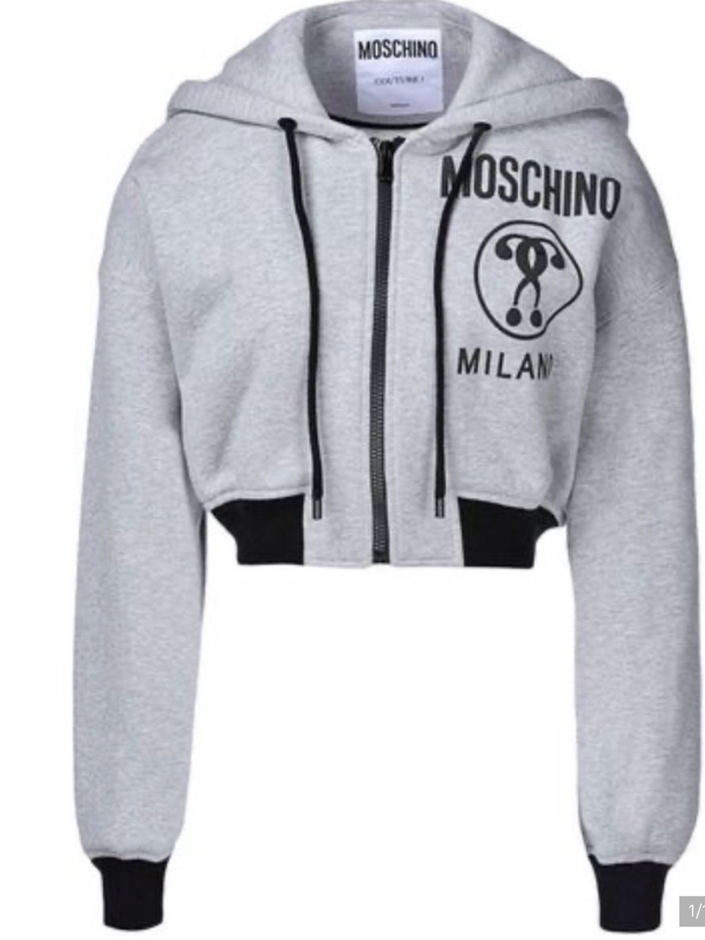 Moschino Light Gray and Black Cropped Zip Hoodie Size 4
